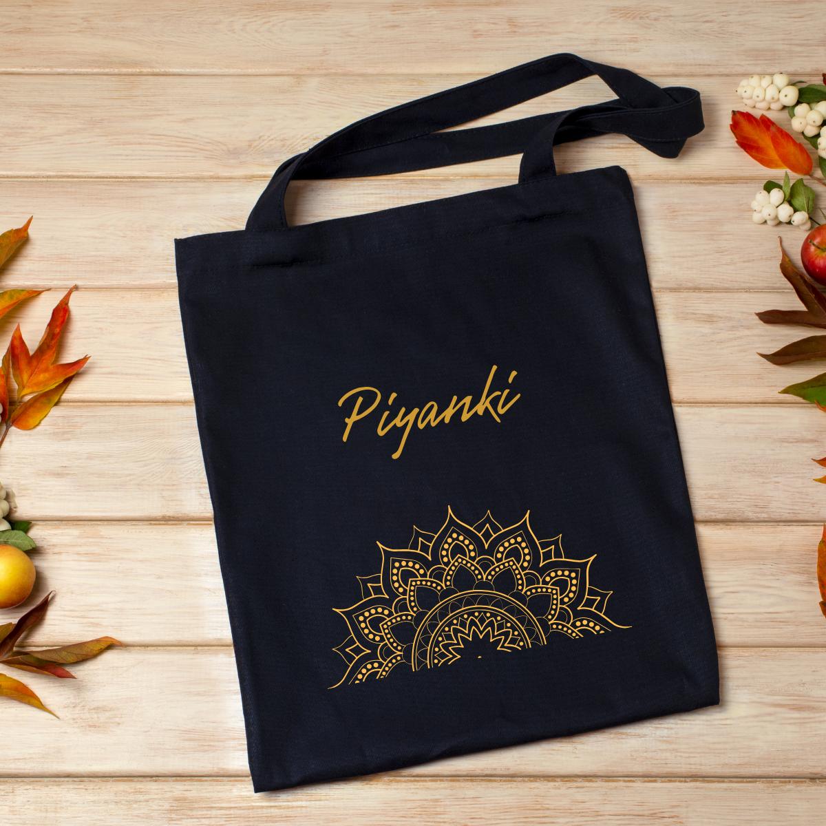 Black Personalized Name Zipper Tote Bags | Golden Bloom Mandala