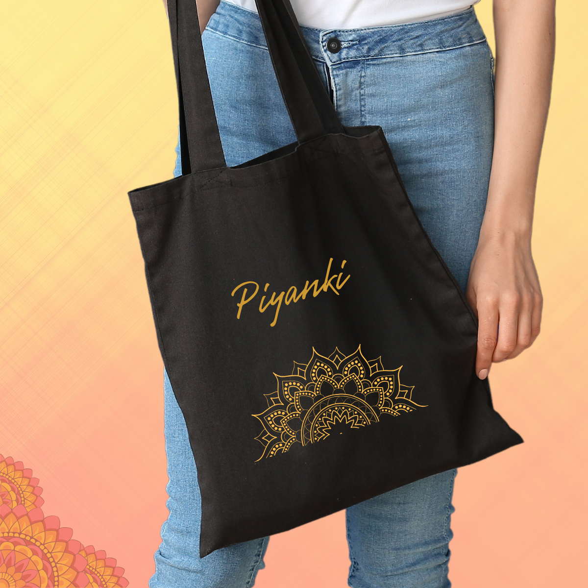 Black Personalized Name Zipper Tote Bags | Golden Bloom Mandala