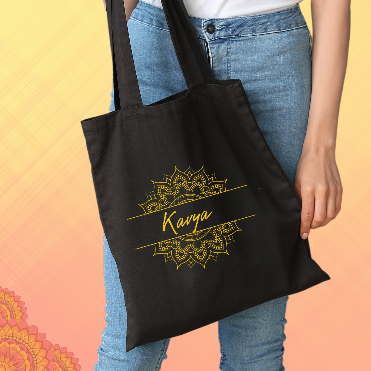 Personalized Name Zipper Tote Bags | Ethnic Intricate Mandala | Black & White