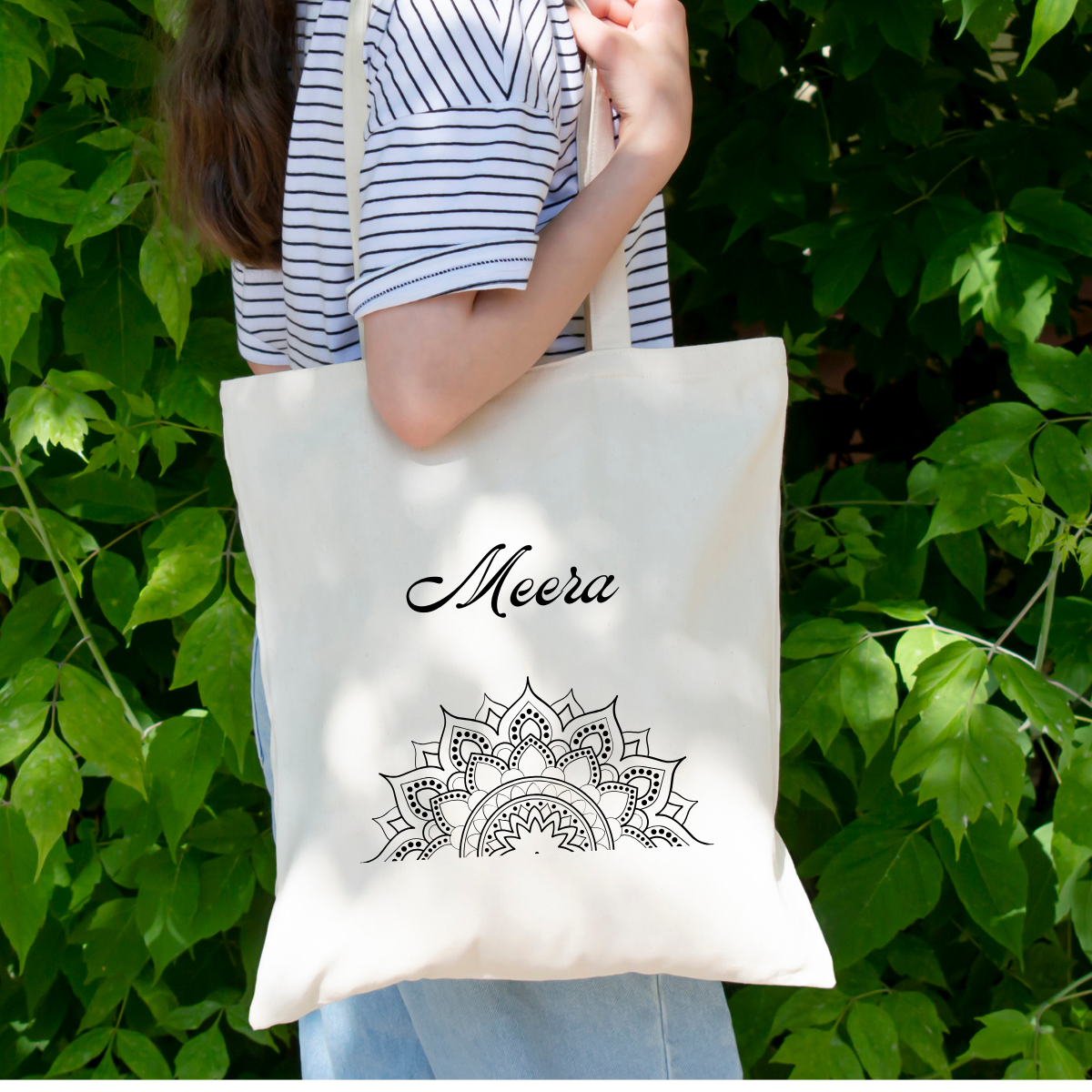 White Personalized Name Zipper Tote Bags | Ethnic Artistic Mandala