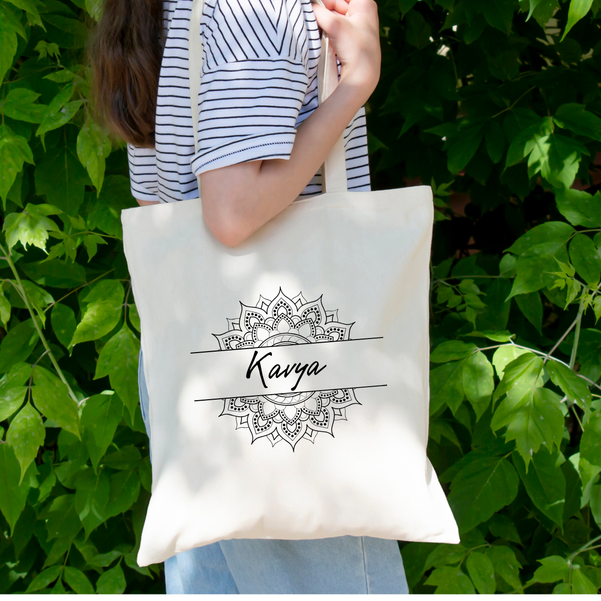 Personalized Name Zipper Tote Bags | Ethnic Intricate Mandala | Black & White