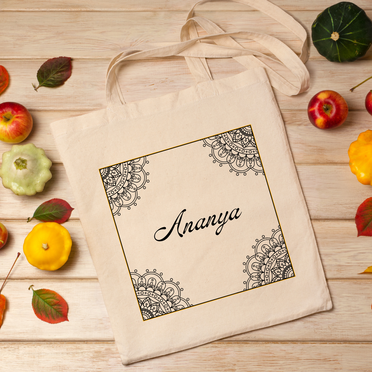 White Personalized Name Zipper Tote Bags | Ethnic Serenity Mandala